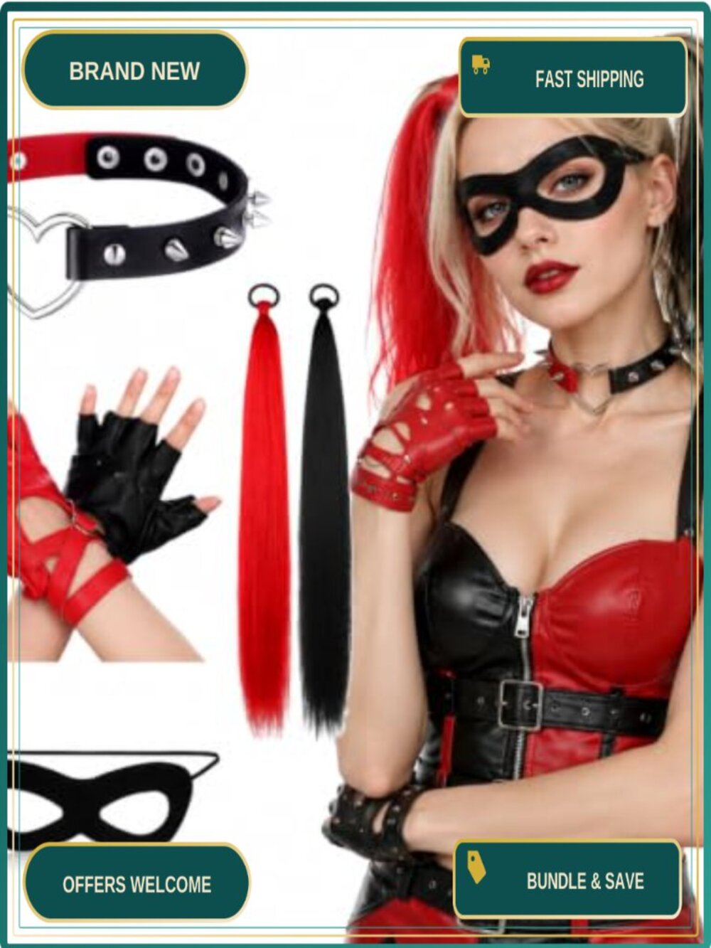 Joker Cosplay Accessory Set Leather Collar Gloves Hair Extensions Halloween